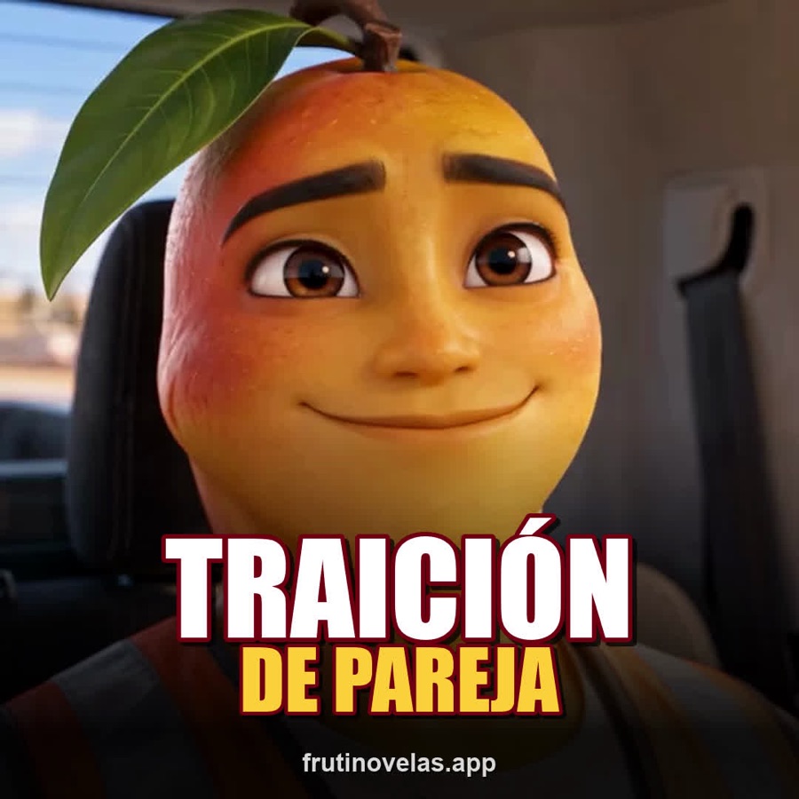 Póster de la frutinovela Traición de Pareja: un mango sonriente dentro de un auto